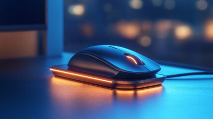 computer mouse, A wireless mouse placed on its charging dock, with a minimalist and streamlined design, showcasing advanced technology and convenience