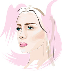 Beautiful girl face with green eyes fashion illustration. Hand drawn vector sketch.
