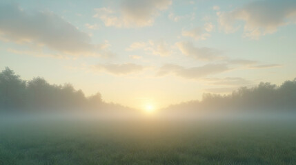 Fototapeta premium clouds or fog drifting through a forest or over a field in the early morning light, creating a mysterious and ethereal scener