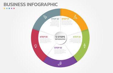 Visual data presentation. Cycle diagram with 5 options. Pie Chart Circle infographic template with 5 steps, options, parts, segments. Business concept. Marketing infographic vector illustration.