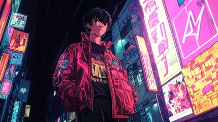 Obraz premium Anime Male Character in Neon City.