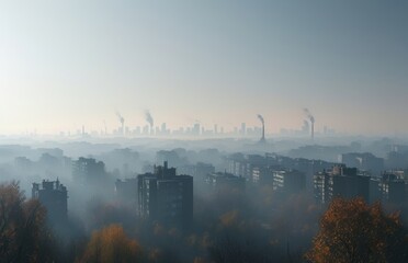 Fototapeta premium Foggy skyline with industrial smokestacks and trees in view