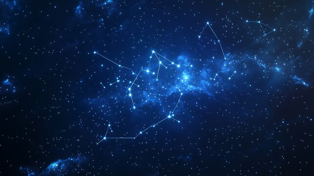 Night sky displaying constellations with bright stars over a dark cosmic background