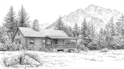 Hand drawn sketch of a cabin in the mountains.