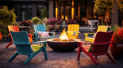 outdoor seating area with several chairs arranged around a fire pit on residential house terrace