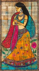 Fototapeta premium Vibrant Madhubani Art: Confident Indian Woman in Saree. Traditional Folk Painting Style for Luxury Scarves, Children's Books, and Web Design. Colorful Abstract Pattern Celebrating Cultural Heritage an