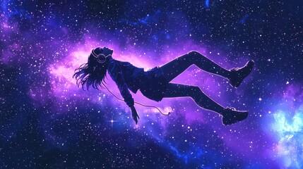 Fototapeta premium Woman Floating in Space with Headphones.