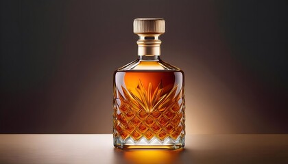 A luxurious whiskey bottle, made of crystal-clear glass, filled with amber liquid, stands prominently on a polished mahogany table.