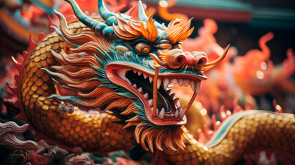 Obraz premium Striking close-up of a dragon head in a Chinese New Year parade, showcasing intricate craftsmanship and vibrant colors.