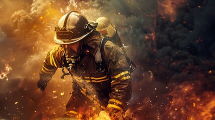 Fototapeta premium Firefighter in full gear with a helmet, oxygen tank and a fire hose, surrounded by flames and smoke.