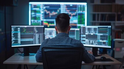 A man works as an operator specialist in a computer data center in front of many monitors with charts and data