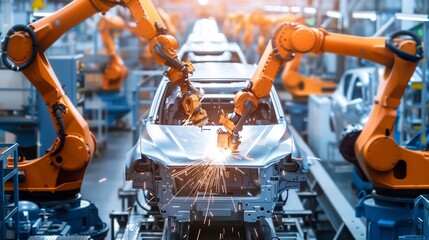 assembly hall for cars with many automatic robots