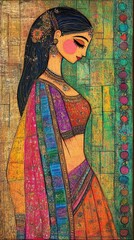 Fototapeta premium Vibrant Madhubani Art: Confident Indian Woman in Saree. Traditional Folk Painting Style for Luxury Scarves, Children's Books, and Web Design. Colorful Abstract Pattern Celebrating Cultural Heritage an