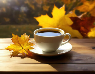 cup on table and yellow leaves. autumn vibe.