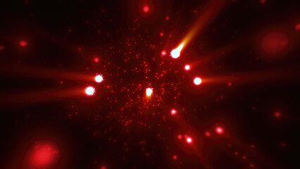 Abstract bright red glowing background with flying dots circles bokeh energy particles and light rays © Bolbik