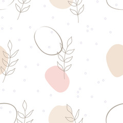Vector simple seamless pattern with twigs and abstract spots on white background. For wallpapers and decor, invitation card, fabric print or textile, linen, web page background, wrapping paper.