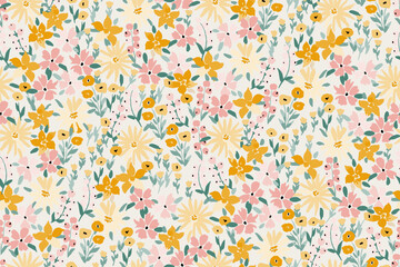 Cute feminine seamless watercolor pattern with little tiny wildflowers, hand drawn, not AI