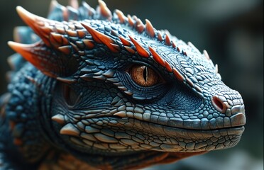 Fototapeta premium Close-up of a lizard's head featuring orange spikes.