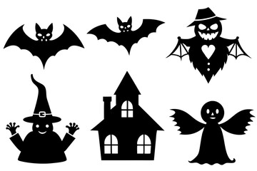 Minimalist Halloween Silhouettes Vector Collection: Witch, Jack-o'-Lantern, Haunted House, Bat, Ghost, Black Cat