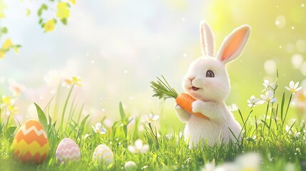Fototapeta premium Cute Easter Bunny with Carrot and Easter Eggs in Grass.