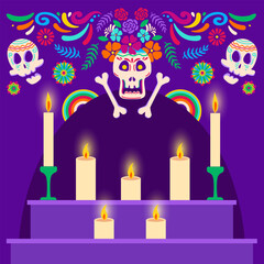 Dia de los muertos square post background for Social media. private altars in honor of the deceased. Mexican Halloween tradition festival. Day of dead sugar skull and candles. Vector flat illustration