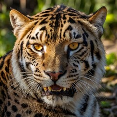 Obraz premium A close-up portrait of a majestic white Bengal tiger with striking black stripes