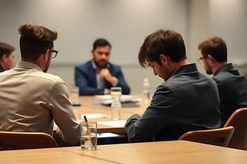 Disengaged Employee in Team Meeting, Highlighting Contrast Between Lively Discussion and Withdrawal