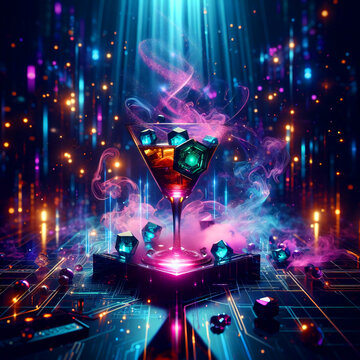 A photorealistic image of a cocktail glass bathed in the cool glow of blue neon light, set against the dark, blurred backdrop of a nightclub. The glass is filled with a refreshing, light-colored bever