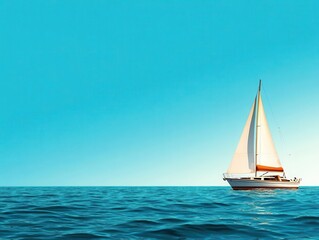 Fototapeta premium A serene sailboat glides across the calm turquoise sea, embodying tranquility and freedom on a clear sunny day.