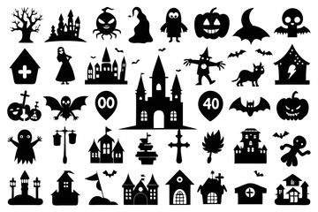 A set of Halloween silhouette elements on a white background. Set of icons for celebration. Vector illustration