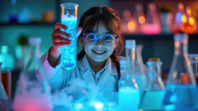 A young girl wearing a lab coat and glasses enthusiastically holds a glowing blue beaker, surrounded by various laboratory equipment in a chemistry lab, symbolizing early interest in science.