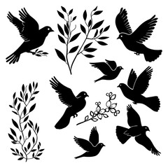 Columbidae Silhouette Set Featuring Various Poses of Doves and Pigeons | Elegant and Versatile Design | Flat Vector Illustration