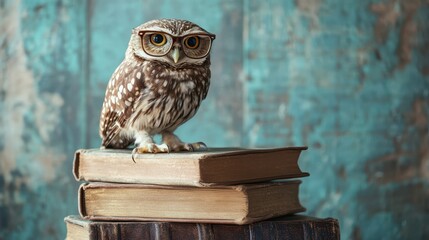 Owl wearing glasses, perched on a stack of books, deep in thought, Wisdom, logical reasoning, education, symbol of knowledge and critical analysis