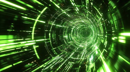 Vibrant green time tunnel with light painting effects, abstract technological background for innovation and futuristic concepts.