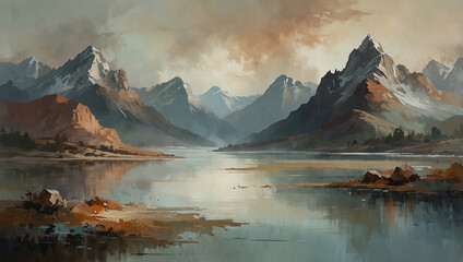 An abstract landscape with soft, blurred edges and muted colors, where the shapes of mountains, rivers, and skies are hinted at rather than defined, evoking a dreamlike and serene atmosphere.