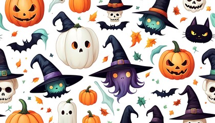 Naklejka premium Spooky Ghost Pumpkin Bone Halloween On White Background