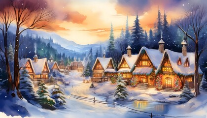 Fototapeta premium Christmas Eve in the Village - A cozy tranquil village scene painted in soft watercolor style. Graphic art illustration background