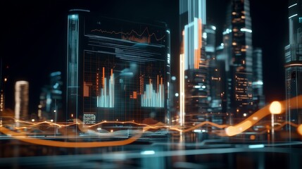 Fototapeta premium Futuristic cityscape with holographic charts representing economic growth, [urban economy], [strategic planning in future urban developments]