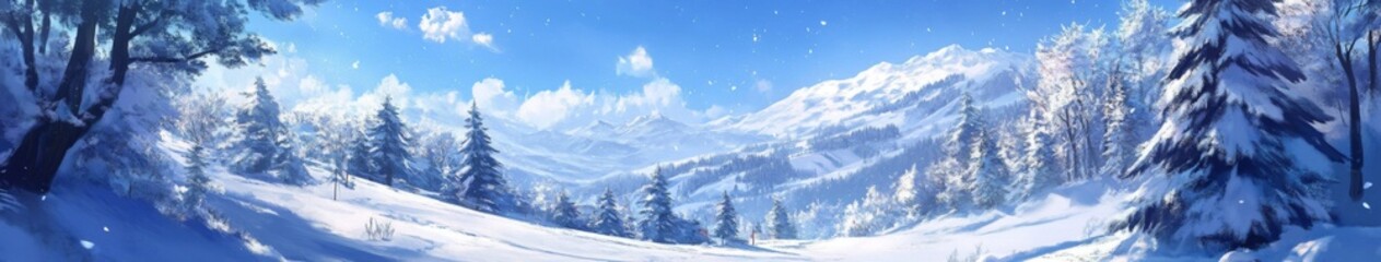 Obraz premium Winter Enchantment: anime-style New Year's Skiing Adventure, the Perfect Vision for Festive Season Greetings and 2025 Holiday Marketing Creative Posters,Anime-Style,illustration,Picture BooksFor Poste