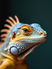 Fototapeta premium This image captures the head and upper section of a colorful iguana, focusing on its intricate scales and vibrant patterns, showcasing its exotic appearance.