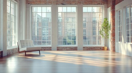 Fototapeta premium Modern loft apartment with large windows and brick wall.