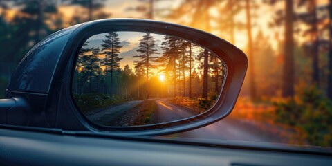 Obraz premium Sunset reflection in car mirror with close up of nature s beauty
