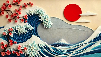 Fototapeten Paper Craft Wave with Sakura, Sun, and Mount Fuji © tong4130