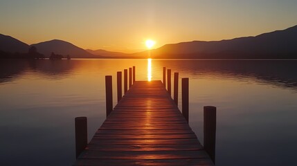 Fototapeta premium A dock with a view of a mountain range in the background with beautiful sunset view