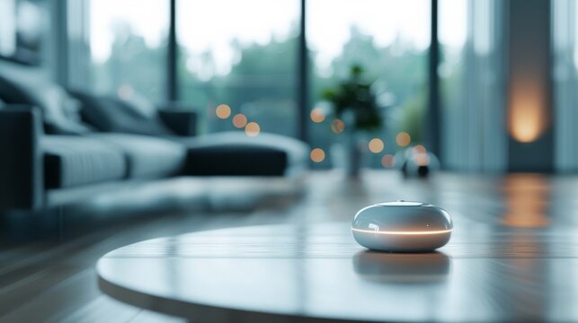 Modern living room with smart device on a table, featuring minimalistic design and natural light creating a cozy atmosphere.