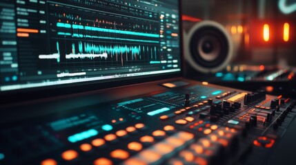 Obraz premium A close-up of a music mixing console with knobs and buttons, a computer screen displaying sound waves in the background.