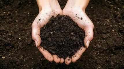 Close-up of hands holding soil on a blurred background, a closeup photo with copy space text "stock". A natural, organic vegetable and flower garden in the sunlight, a concept for environmental protec