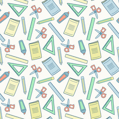 Seamless pattern with elements for school. Rulers, pencils, notebooks, scissors on a light background. School elements. Printing on fabric