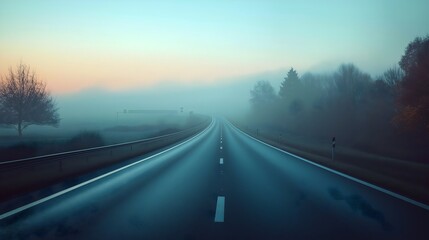 Highway road foggy weather dawn vanishing point