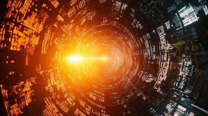 Obraz premium Ethereal orange time tunnel with light painting effects, abstract technological backdrop for futuristic and innovative concepts.